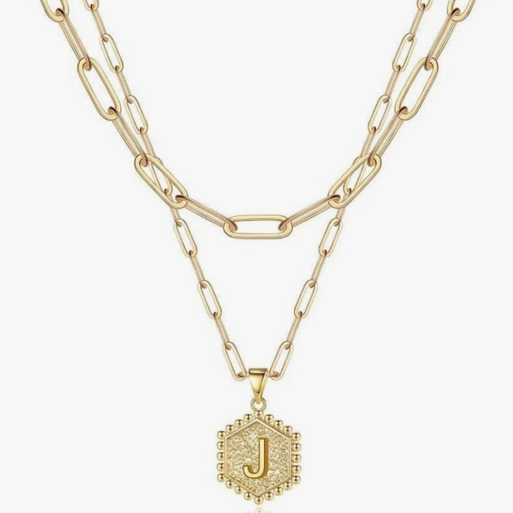 MYMY 14K Gold Plated Layered Hexagon Letter J Initial 18" Necklace